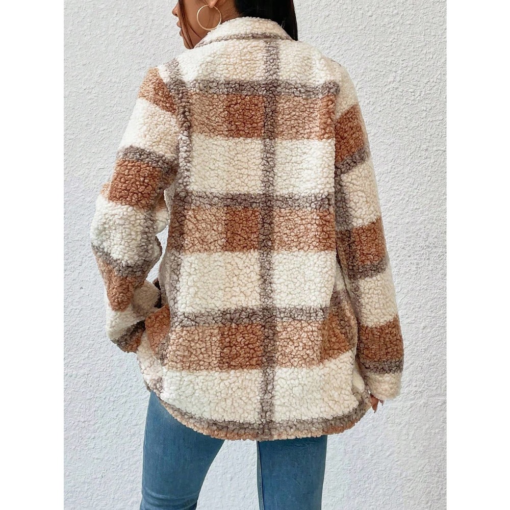 Plaid Double Breasted Teddy Coat boho preppy tan brown - Picture 2 of 5
